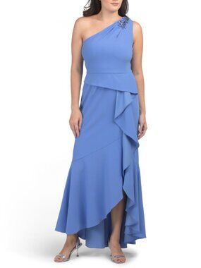 ADRIANNA PAPELL One Shoulder Crepe Ruffle Gown